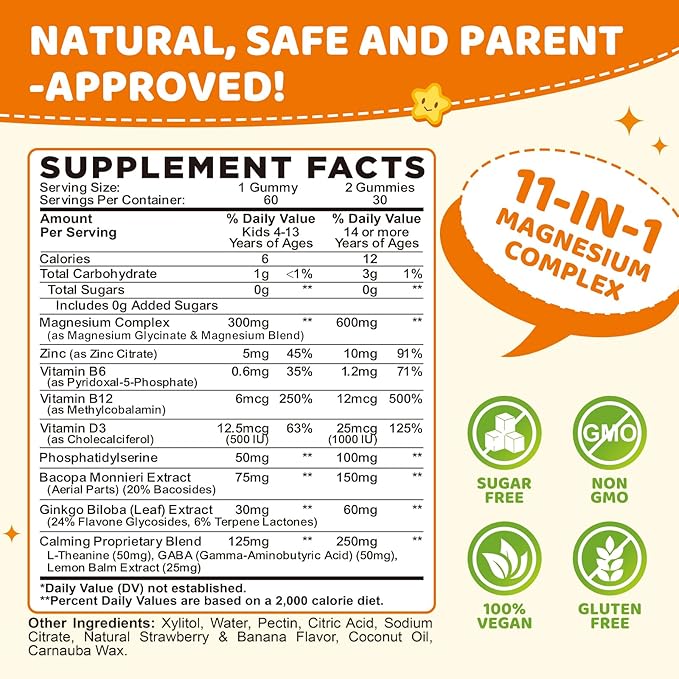 Magnesium Glycinate Gummies for Kids, Brain Supplement for Memory and Focus with Phosphatidylserine, L-Theanine, Zinc for Kids & Adults Sleep Cognition Calm, Strawberry & Banana Flavor 60ct