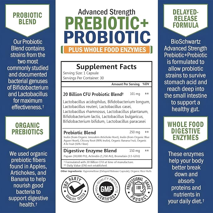 Prebiotics and Probiotics with Whole Food Enzymes for Adults Women & Men - Probiotics Lactobacillus Acidophilus - Digestive Health Capsules Shelf Stable Supplement - Non-GMO Gluten & Dairy Free -30ct