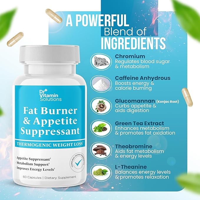 DR VITAMIN SOLUTIONS Fat Burner for Women & Men - Appetite Suppressant for Weight Loss - Pills w/Metabolism Booster Thermogenic Weight Loss Supplement - Includes Chromium & Green Tea Extract - 60 Ct.