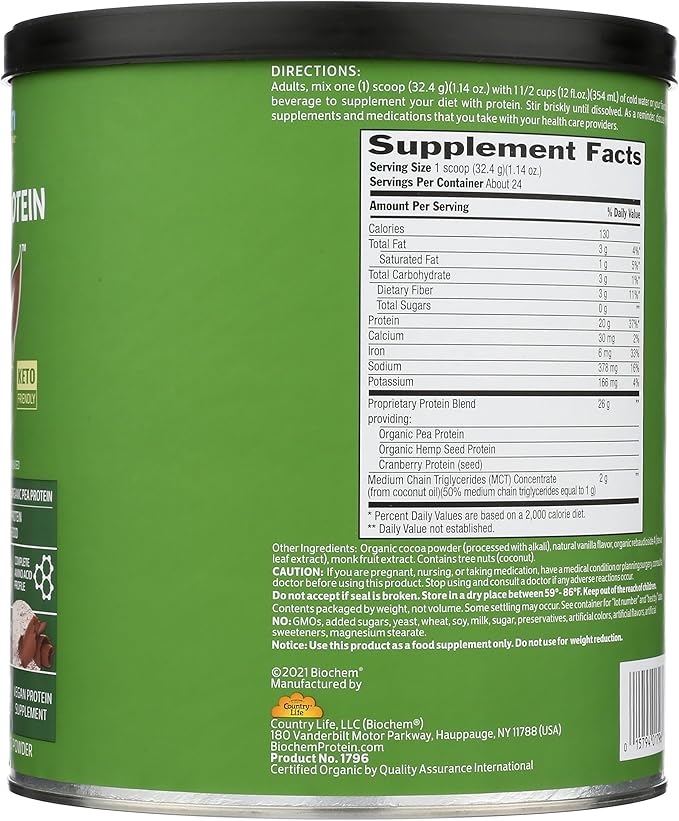 Biochem 100% Vegan Protein, Natural Amino Acids, Gluten Free, Keto, Non Whey, Pea & Hemp Protein Powder for Women and Men, 24 Servings 2 LB (Chocolate)