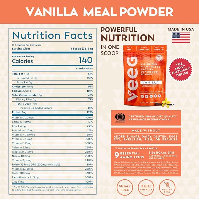 Veeg All in One Protein Smoothie Powder – Vanilla Protein Powder, Vegan Collagen, Greens Superfood Powder, MCT Oil Organic, Multivitamin, Sugar Free, Meal Replacement, Digestive Enzymes,15 Servings