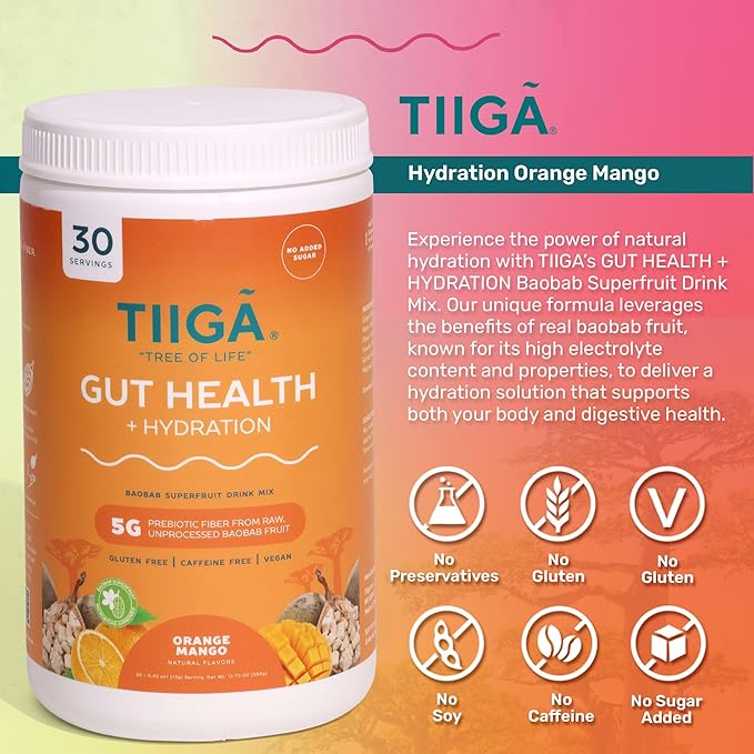 Tiiga 2-in-1 Gut Health + Hydration Drink Mix – Natural Debloat Formula with 75%+ Baobab & Coconut Water. High in Antioxidants, Prebiotics, Zero Added Sugar, Supports Digestion, Energy & Helps Debloat