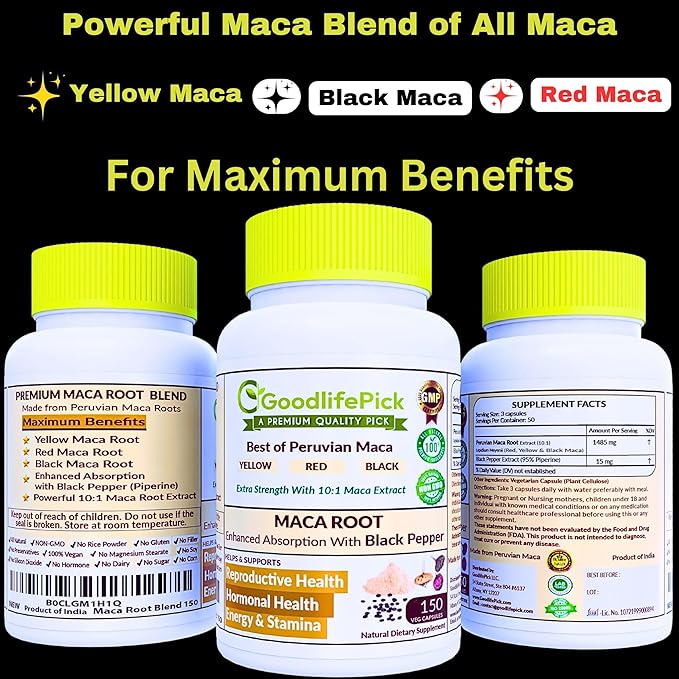 Peruvian Maca Root Capsules 150 ct. Powerful Maca Blend of Yellow Red & Black Maca Root with Black Pepper. All Natural NonGMO Vegan No Stearate No Rice Powder No Silica No Filler