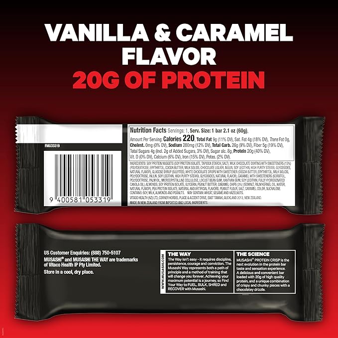 MUSASHI Protein Crisp Bar, 20g Protein, 4g Total Sugars, Vanilla & Caramel, Post Workout and Snack On The Go, 12 Pack of 2.1oz (60g) Bars