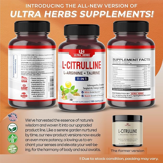 L-Citrulline Supplement Capsules Enriched with L-Arginine, Taurine, Creatine, Tongkat Ali, Fadogia Agrestis | Ultra Nitric Oxide Booster for Muscle Endurance, Stamina & Recovery | 180 Capsules