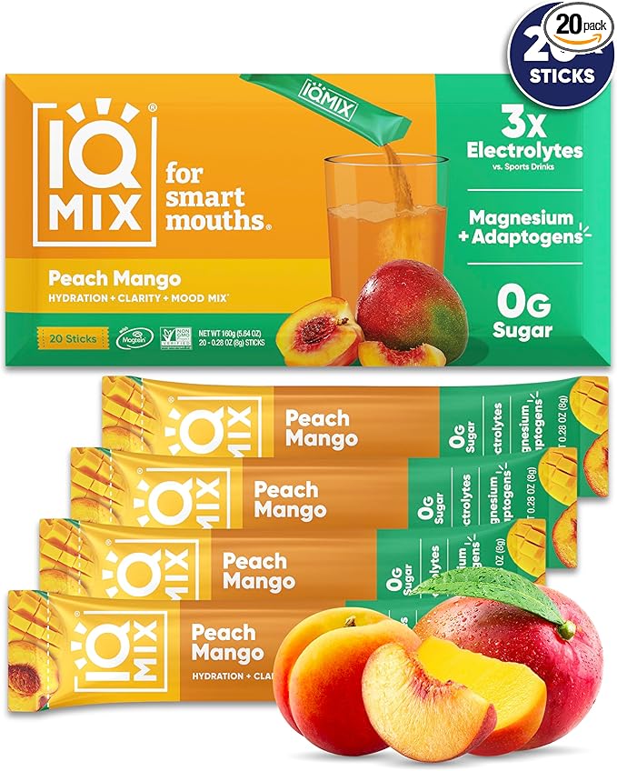 IQMIX Hydration Electrolyte Powder – 4-in-1 Formula for Hydration, Mental Clarity, Mood and Recovery – Sugar-Free Drink Mix, Keto, Magnesium L-Threonate, Lion’s Mane – 20 Count Peach Mango