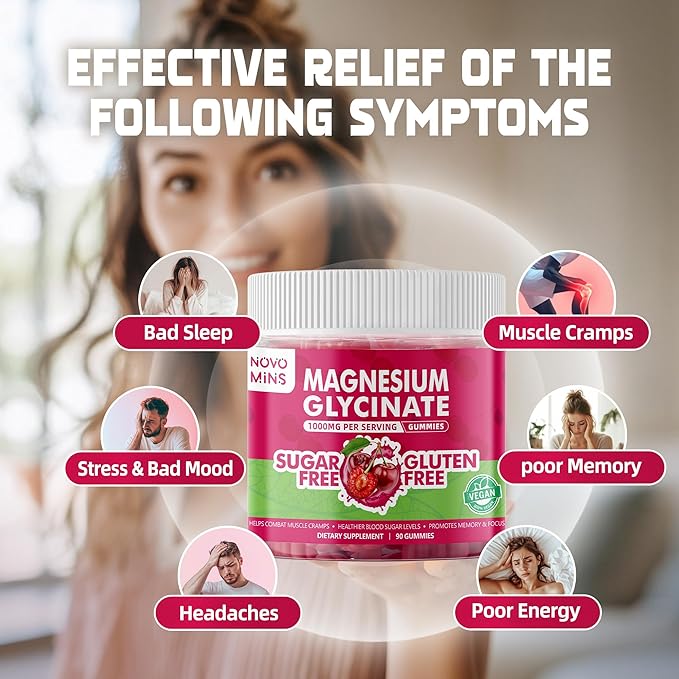 90 CT Magnesium Glycinate Gummies 1000mg - Sugar Free Magnesium Potassium Supplement with Vitamin D, B6, CoQ10 for Calm Mood & Sleep Support - 90 Cherry Gummies.