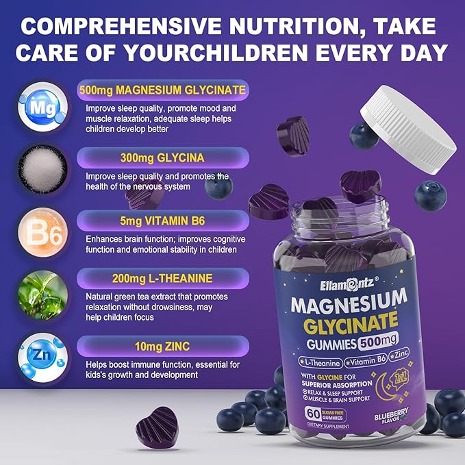 Magnesium Glycinate Gummies 500mg for Adults Kids Teens(Made in USA), Sugar Free Magnesium Calm Sleep Aid Gummies with L-Theanine, B6, Zinc, Glycine for Sleep, Calm, Relax Brain, No Melatonin, 2 Pack