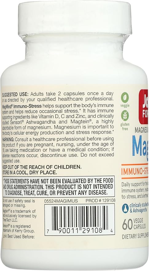Jarrow Formulas Magnesium L-Threonate, MagMind Immuno-Stress, Dietary Supplement Featuring Ashwagandha and Immunity Support, Vitamins C & D, 60 Capsules, Up to a 30 Day Supply