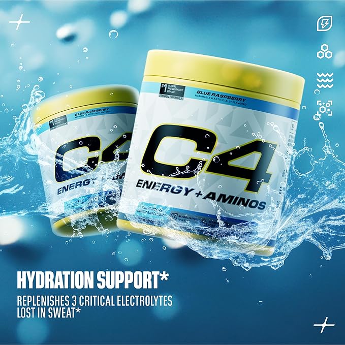 Cellucor C4 Energy + Aminos Powder | 5g BCAAs & EAAs for Muscle Recovery, 3 Electrolytes for Hydration, 100mg Natural Caffeine | Pre Workout | Zero Sugar, 30 Servings, Blue Raspberry