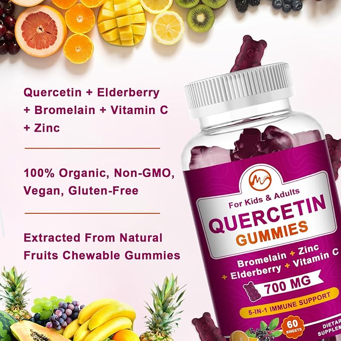 Quercetin Gummies with Bromelain, Elderberry, Zinc and Vitamin C - Chewable Quercetin 700 mg Supplement for Immunity, Allergy, Antioxidant Support - Vegan Gummies, 60 Gummies