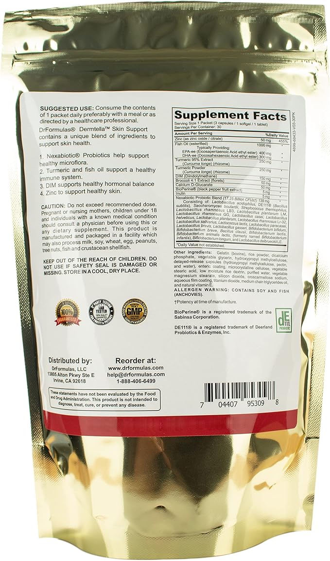 DrFormulas Dermtella Clear Skin Support Packs | Pills with Zinc, Probiotics & DIM | Supplements for Women, Teens & Men with Nexabiotic Probiotics, Turmeric, Fish Oil, 1 Month Supply