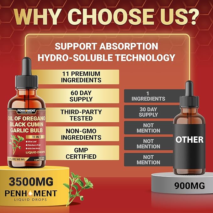 11in1 Organic Oregano Oil Drops with Black Seed Liquid, Garlic, Vitamin D3 & K2, Olive Leaf, Elderberry, Sea Moss, Ashwagandha & Ginger - Immune Support - 2 Fl Oz - 60 Days