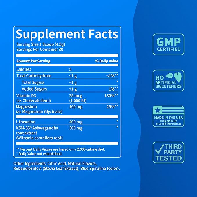 Supercalm Powdered Drink Mix, Blue Coconut, L Theanine, Ksm-66 Ashwagandha, Magnesium Glycinate, Vitamin D 3, Supplements for Relaxation & Focus, No Sugar, Non GMO, On The Go, 30 Srvgs