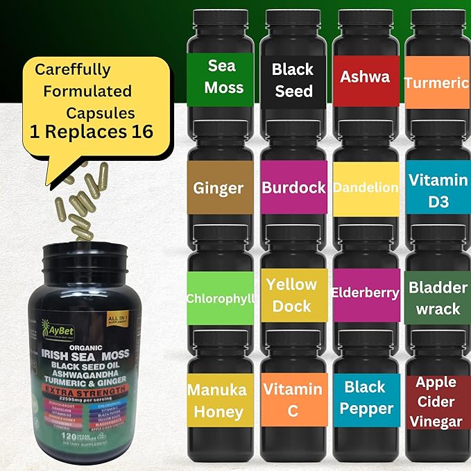 Organic Irish Sea Moss, Black Seed Oil, Ashwagandha, Turmeric,Ginger Capsule, Bladderwrack, Burdock, VIT C&VIT D3, Elderberry, Manuka Honey, Dandelion, Yellow Dock, Apple Cider Vinegar, Halal, Vegan