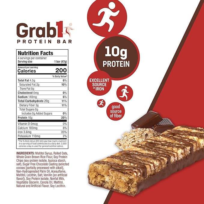 Grab1 Sugar Free Protein Bars, Chocolate Oat (3 Pack- 12 Bars) | Delicious and Nutritious | Low Calorie | Only 1g Sugar