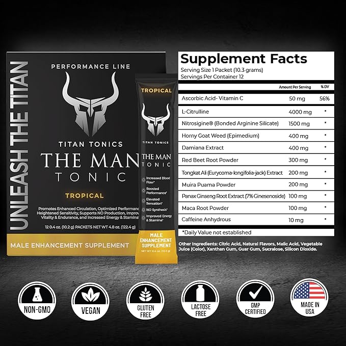 Extra Strength Male Enhancing Supplement Powder–Tongkat Ali, Maca Root, Beet Root, Horny Goat Weed, L-Citrulline–Nitric Oxide Booster & Testosterone Support for Men (Tropical-1 Stick)