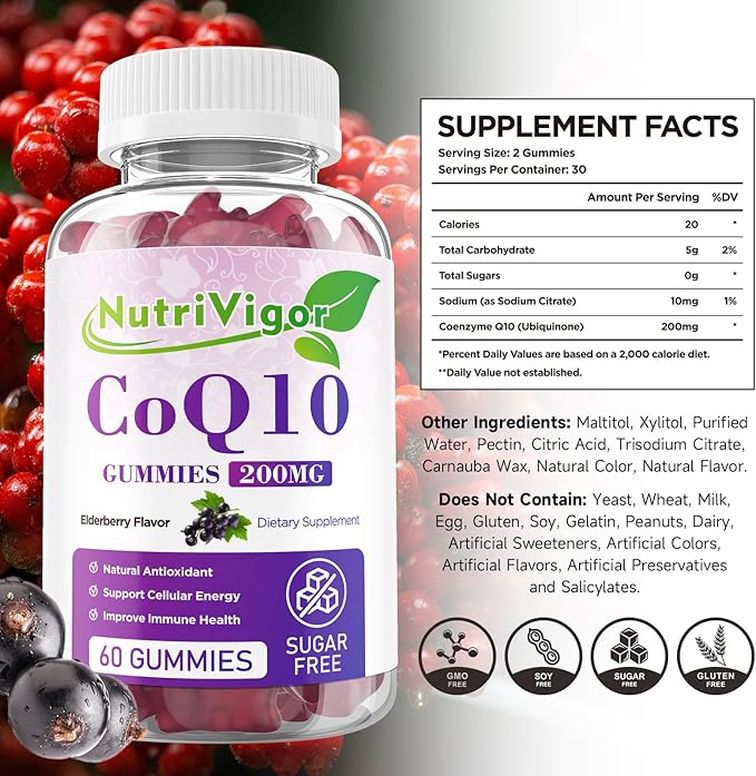 CoQ10 Gummies, Coenzyme Q10 Supplement 200mg, High Absorption CoQ10 Supplement for Cellular Energy and Immune Health, Vegan, Gluten Free, Elderberry Flavor, 120 Count