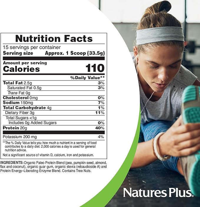 NaturesPlus Organic Paleo Protein - 1.49 lbs, 20 g Protein, Vegan Protein Powder - Unflavored, Unsweetened - Certified Organic High Protein Energy Protein - Vegetarian, Gluten-Free - 15 Servings