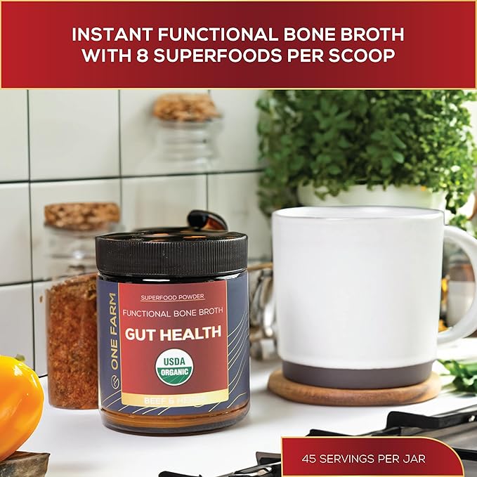 One Farm Superfood Powder Gut Health, Organic Gut Soothing Blend and Prebiotic Blend, Non-GMO, Prebiotics with Bone Broth, Turkey Tail Mushroom, Slippery Elm, and Marshmallow Root for GI Health