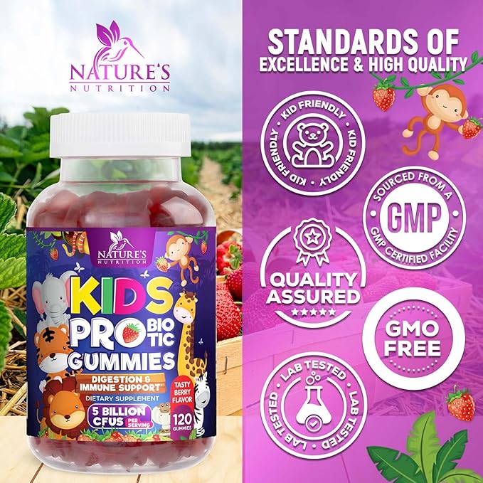 Kids Probiotic Gummies - Chewable Daily Probiotics for Kids Ages 3+ - Natural Digestive Health & Immune Support Vitamin - Vegan, Gluten Soy & Dairy Free, Berry Flavored, Shelf Stable - 120 Gummies