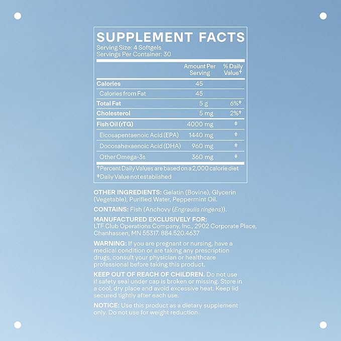 LTH Glow Omega-3 Fish Oil - NSF Certified for Sport - Omega-3 Supplement - Supports Brain & Heart Health - Aids Healthy Skin, Hair & Nails - Gluten Free & Soy Free - 120 Softgels