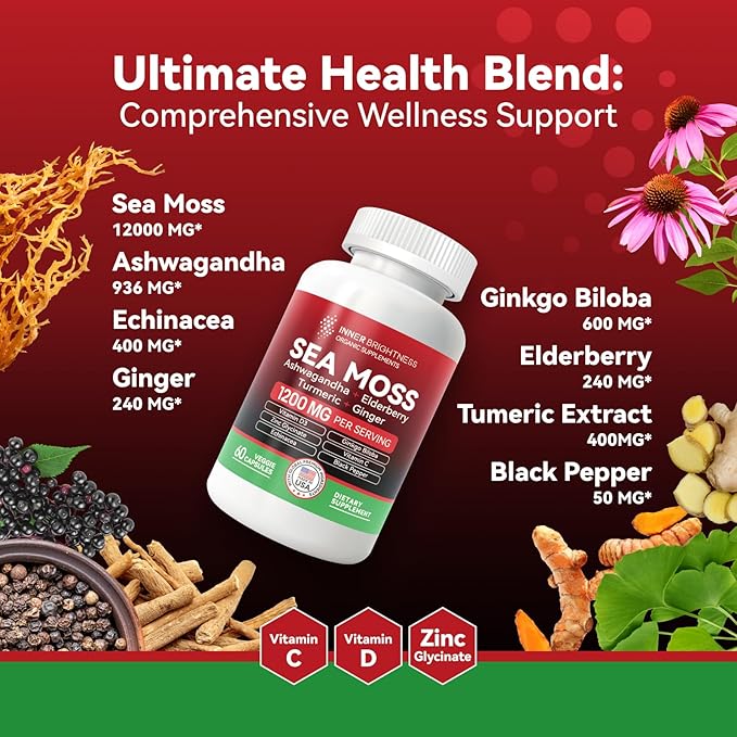 All-in-1 Irish Sea Moss Pills with Ashwagandha, Ginkgo Biloba, Turmeric & Vitamin C for Energy, Focus & Immune Support - 60ct Sea Moss Pills