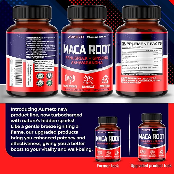 Maca Root Supplement - Advanced 12-in-1 Formula with Ashwagandha, Fenugreek, Panax Ginseng for Muscle Growth, Stamina and Performance - Made in The USA (90 Count (Pack of 1))