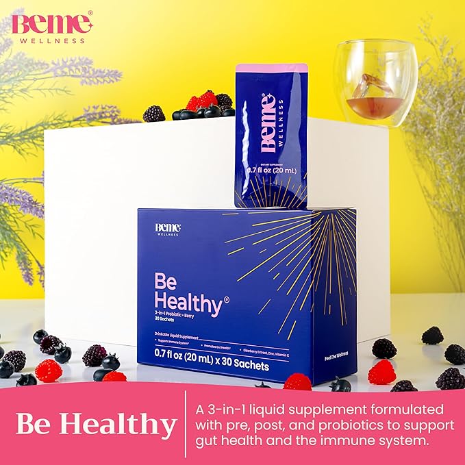 BeMe 3-in-1 Liquid Probiotic for Women & Men, Be Healthy-Drinkable Liquid Probiotics Supplement for Digestive & Gut Health - Prebiotic, Probiotic, & Postbiotic Supplements for Adults (30 Sachets)