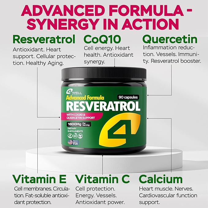 Resveratrol Supplement 1800mg Complex - COQ10, Quercetin, Vitamin E, Vitamin C - Powerful Antioxidant Formula for Enhanced Energy, Heart Health & Healthy-Aging Support Trans Resveratrol 90 Capsules