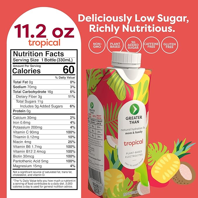 Greater Than Lactation Supplement Support, Coconut Water, Vitamins & Electrolyte Drink for Breastfeeding & Immune Support, Lactation Cookies Alt, Gluten Free, Low Sugar, 36 Pack, Tropical
