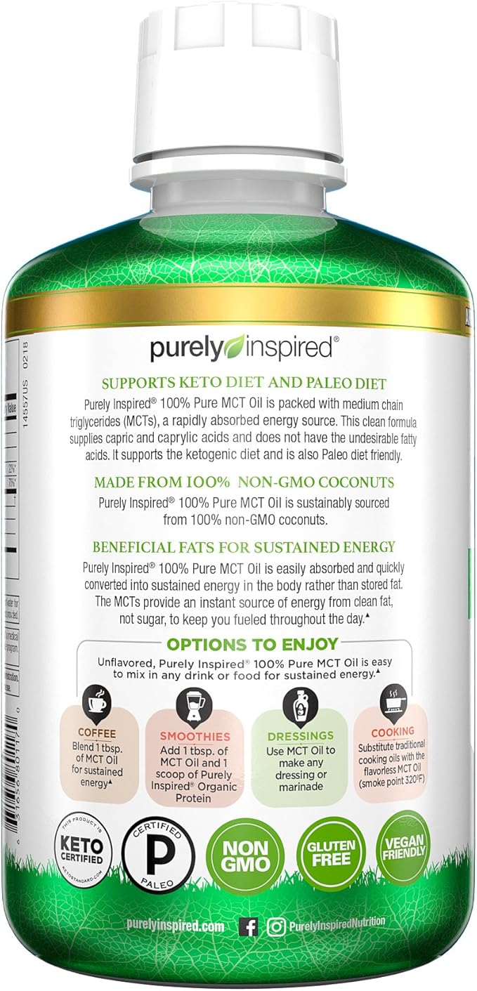 MCT Oil | Purely Inspired Pure MCT Oil Keto | Sourced from Coconut Oil, non-GMO | Supports Keto & Paleo Diets | Blends with Coffee, Tea and Shakes | MCT Oil for Sustained Energy | Unflavored, 16 fl oz