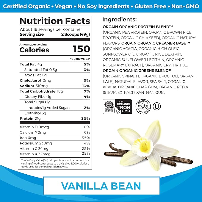 Orgain Organic Vegan Protein Powder + Greens, Vanilla Bean - 21g Plant Based Protein, 6g Prebiotic Fiber for Gut Health, Gluten Free, No Lactose Ingredients, No Sugar Added, Non-GMO - 1.94lb