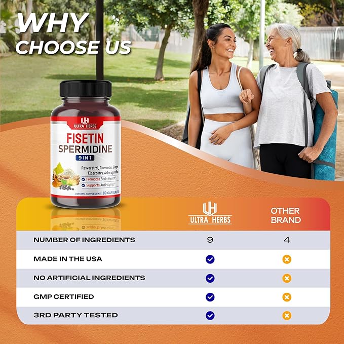 Ultra Fisetin Supplements Complex Resveratrol Quercetin - Support Brain Wellness, Immune System with Elderberry, Echinacea, Ashwagandha, Turmeric, Ginger (90 Count (Pack of 1))