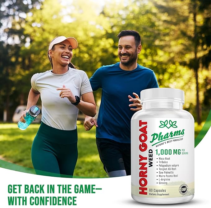 PHARMS Hornygoatweed for Men & Women (1,000 mg) - Energy & Stamina Capsules with Maca Root, Tribulus, Tongkat Ali, Saw Palmetto & Ginseng - Female & Male Performance Enhancing Supplement - 60 Capsules