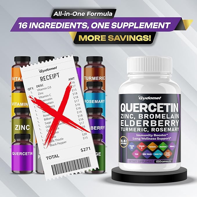 Quercetin Bromelain Zinc Vitamin D3 Elderberry Turmeric Rosemary Bilberry Sage Odorless Garlic Green Tea Milk Thistle Oregano -150 Capsules- Made in USA