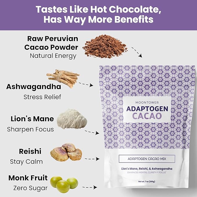 Moontower Cacao Mushroom Coffee Alternative - Lions Mane, Reishi, & Ashwagandha Adaptogen Mushroom Blend - Keto-Friendly, Dairy-Free, for Healthy Lifestyle (7 oz)