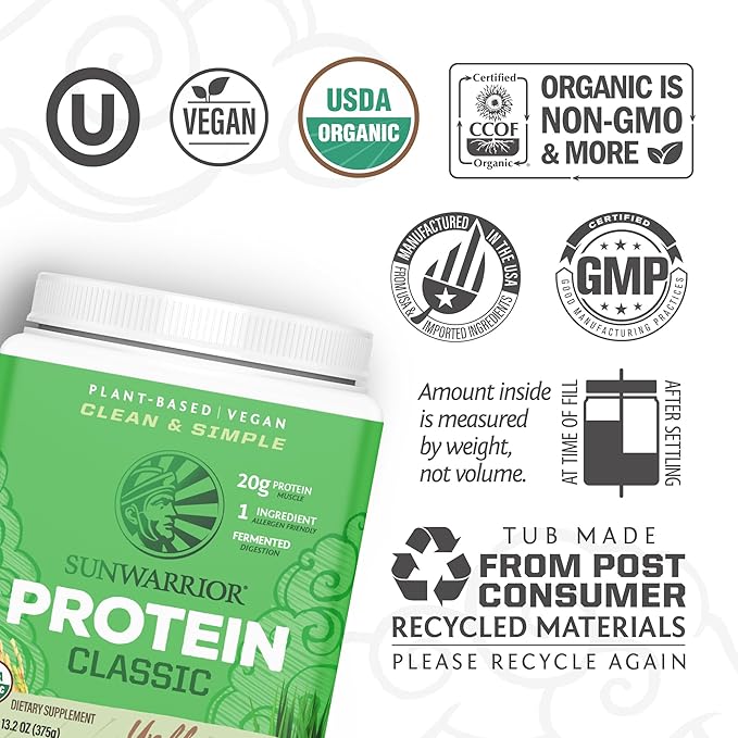 Brown Rice Protein Powder with Bcaa & Amino Acids Raw Rice Protein Shake Gluten Free Low Carb Dairy Free | Plant Based Classic Sprouted Brown Rice Protein Powder Natural 375g by Sunwarrior