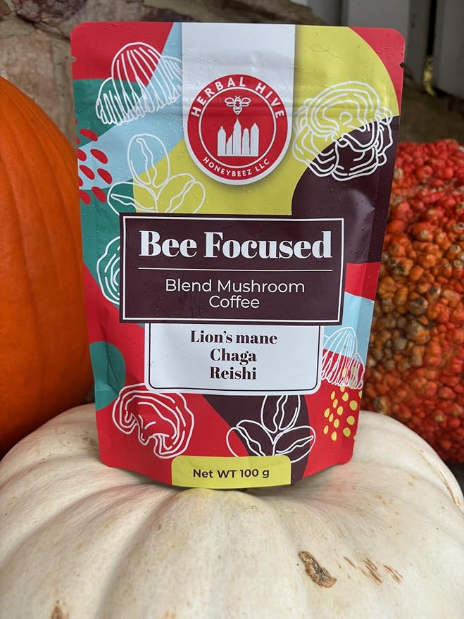Mushroom Coffee by Herbal Hive Bee Focused Includes Adaptogens Reishi, Lion's Mane, and Chaga Superfood Low Acid Instant 30 Servings (3.5 oz, Dark Roast)