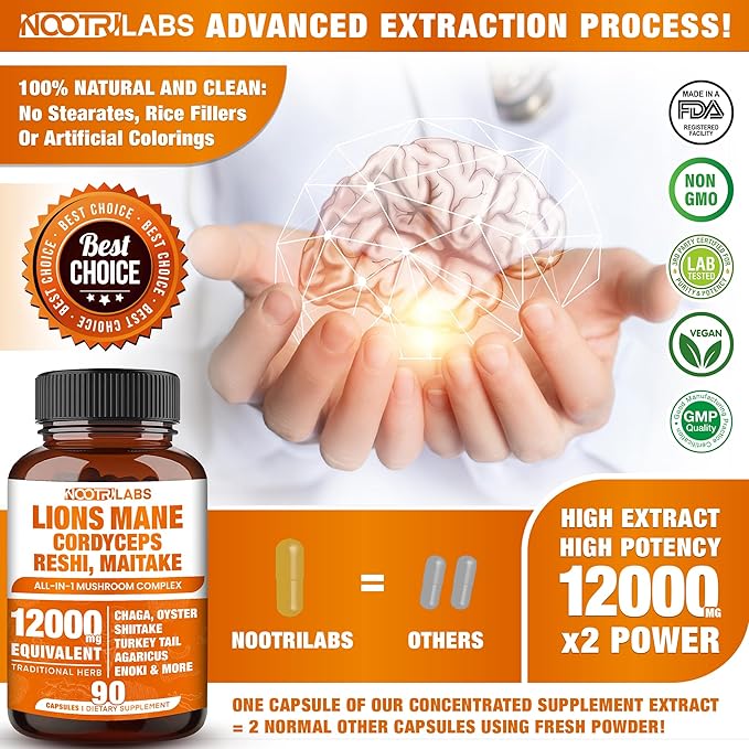 Mushroom Complex 12000mg Capsules - Lions Mane, Cordyceps, Reshi, Maitake - Nootropics Brain, Boosts Memory, Energy, Cognitive Function & Improves Focus, Immune System, Antioxidant - 90 Vegan Capsules