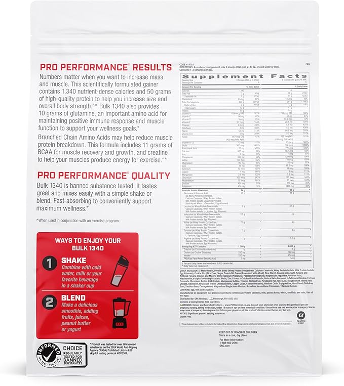 GNC Pro Performance Bulk 1340 Mass Gainer Protein Powder, 50g, Gluten Free, Whey, Creatine, BCAA, 3rd Party Tested, Muscle Recovery & Growth, Micronutrients, Cookies and Cream, 9 Servings