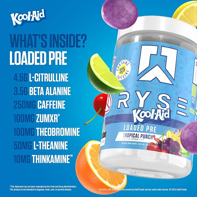 RYSE Loaded Pre Workout Powder - Kool-Aid Tropical Punch - Daily Pre-Workout for Men & Women with 325mg Caffeine, Beta Alanine, and Citrulline for Pump, Focus, and Energy - 30 Servings