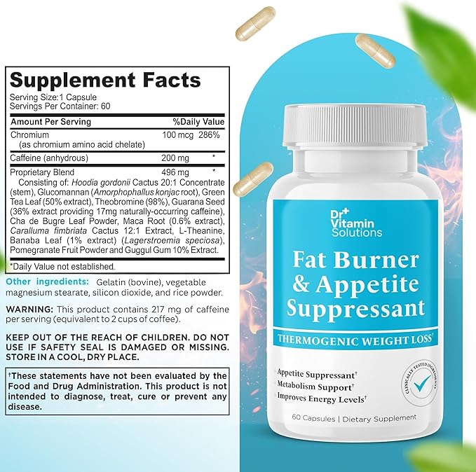 DR VITAMIN SOLUTIONS Fat Burner for Women & Men - Appetite Suppressant for Weight Loss - Pills w/Metabolism Booster Thermogenic Weight Loss Supplement - Includes Chromium & Green Tea Extract - 60 Ct.