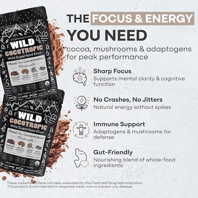 Organic Cocotropic Mushroom Hot Cocoa - Mushroom Coffee Alternative | Sugar Free Hot Chocolate | Organic Cocoa Powder, Reishi Mushrooms, Chaga, Maca Root, Turmeric | Delicious Sustained Focus, Energy & Mood Without Jitters | 16oz