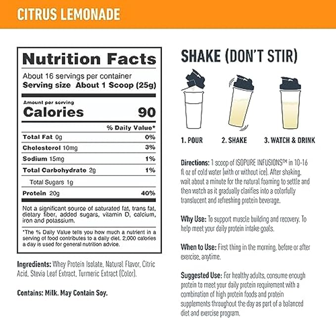 Isopure Clear Whey Isolate Protein Powder Infusions, Lactose Free, Gluten Free, Naturally Flavored, Citrus Lemonade, 20g Protein Per Serving, 14.1 Oz, 16 Servings