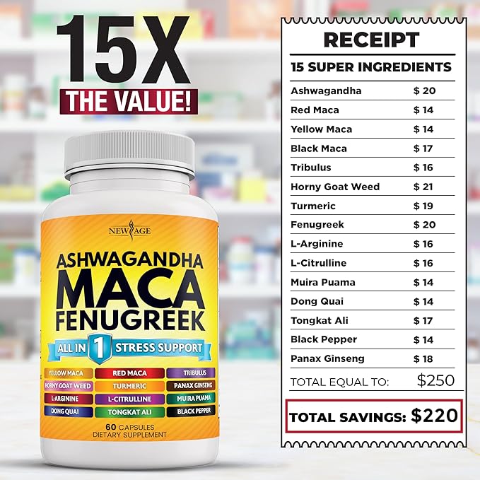 NEW AGE Ashwagandha Maca Root Fenugreek Supplement with Tongkat Ali Ginseng - Assists with Overall Health - Made in USA - 120 Count