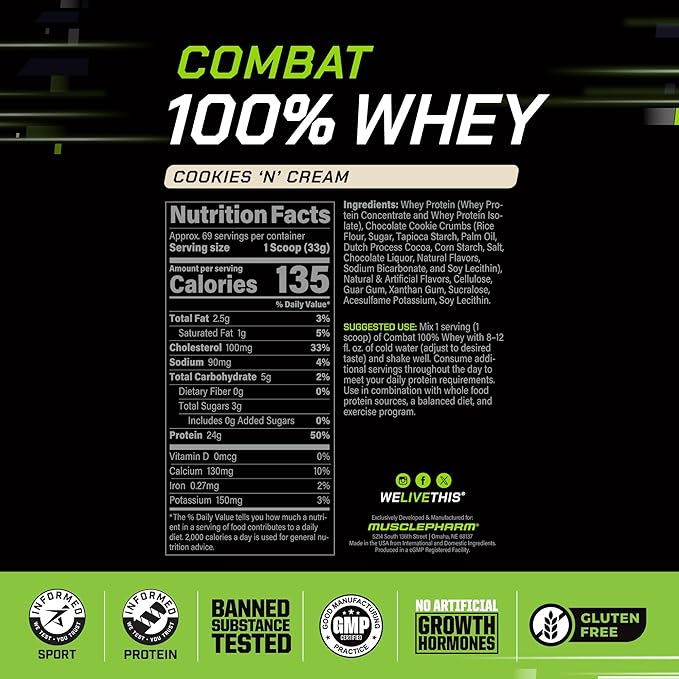 MusclePharm Combat 100% Whey Protein Powder, Cookies ‘N’ Cream Flavor, Fast Recovery & Muscle Gain with Whey Protein Isolate, High Protein Powder for Women & Men, Gluten Free, 5 lb, 70 Servings