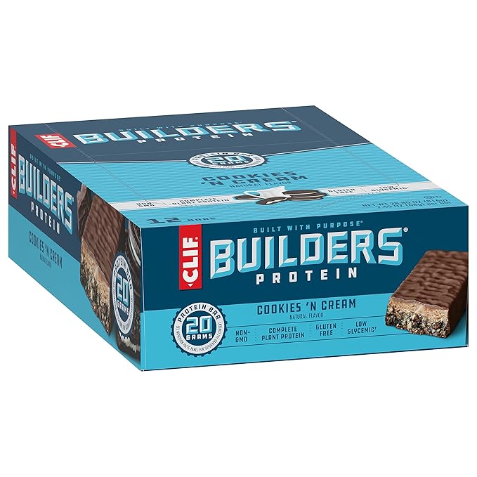 CLIF BUILDERS Protein Bars - Cookies 'n Cream Flavor - 20g Plant Based Protein - Gluten Free - Non-GMO - Low Glycemic - No Artificial Sweeteners - 2.4 oz. (12 Pack)