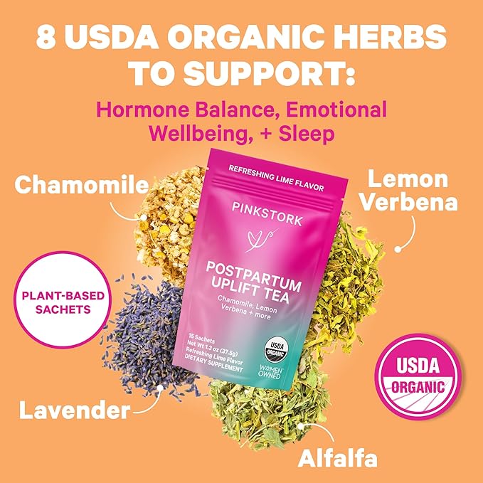 Pink Stork Postpartum Essentials for Hormone Balance, Recovery, and Mood Support for Women - Postnatal Vitamins with Ashwagandha, Raspberry Leaf Tea, and Chamomile Tea - Gifts for New Mom - Set of 3