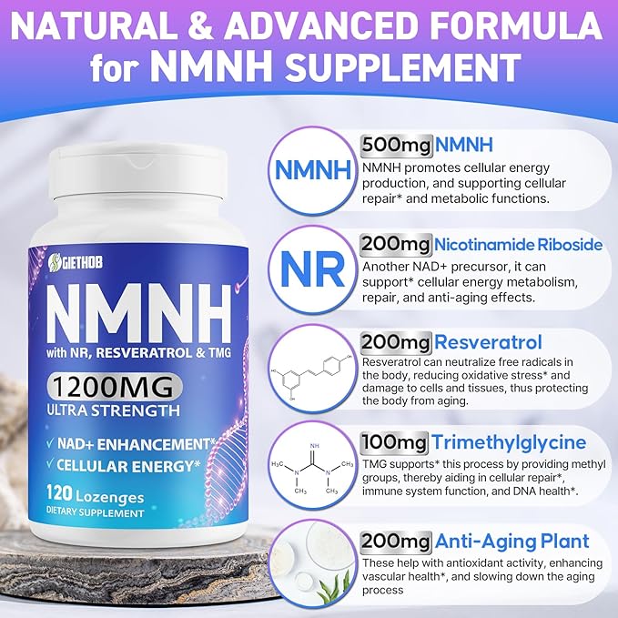 Sublingual NMNH (Dihydronicotinamide Mononucleotide), NMN Supplement Alternative, NAD Supplements for Women Men, with Resveratrol, NR & TMG, NAD+ Levels as We Age, Anti-Aging, Energy, Focus, 120 Count